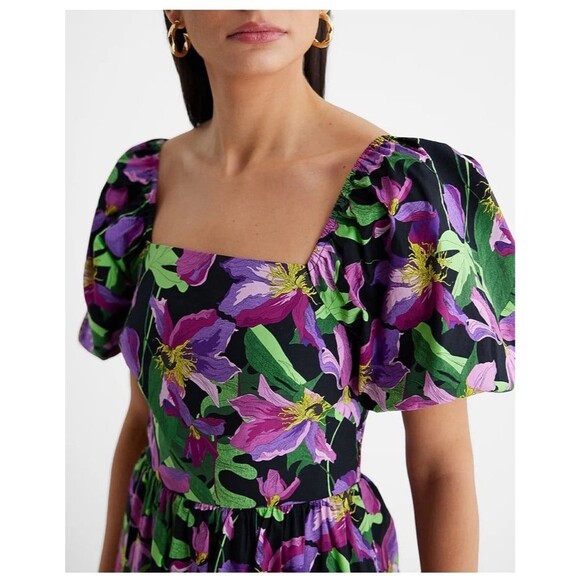 Floral Square Neck Puff Sleeve Tiered Poplin Maxi Dress Medium NWT Wedding Guest - Picture 2 of 12